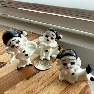 VTG Miniature Pierrot Clown Figurines Set of 3 Porcelain Japan Black White